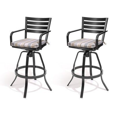 This Pua 2 Piece Patio Bar Stools Set features a durable all-weather design that's great for porches, patios, built-in outdoor bars, and much more. Each chair is made with a powder-coated aluminum frame that's durable enough to stand up to water, UV rays, and rust, so you can keep it outside every season. Both chairs are topped with foam-filled, solution-dyed Sunbrella seat cushions with ties to help keep them attached to the chair. These chairs even boast a built-in footrest for extra comfort. White Bar Stools, Patio Bar Stools, Swivel Bar Stool, Outdoor Bar Stools, Aluminum Patio, Sunbrella Cushions, Patio Bar, Outdoor Dining Furniture, Swivel Seating