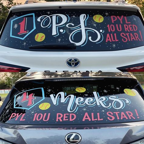 A fantastic evening in the hand-lettering world! Many, many thanks to @pylgsasoftball 10U Red for letting me come draw on your windows! 😍😍😍I had SO MUCH FUN! 🎉✨In all honesty, I am new to this niche, and I implore you to check out the OG @emberblackart and give her a follow. She’s the real deal, and has been so supportive and incredibly kind. 🙌💕🫶 #handlettering #windowart #softballwindow #tournamentcarwindow #softballcarwindow #pylsuperstar #windowsplash #letsgowindowart #teamwindow #carwindo... Car Window Paint Ideas, Window Paint Ideas, Car Window Paint, Window Paint, Window Writing, Chalk Markers, Baseball Season, Kid Activities, Window Art