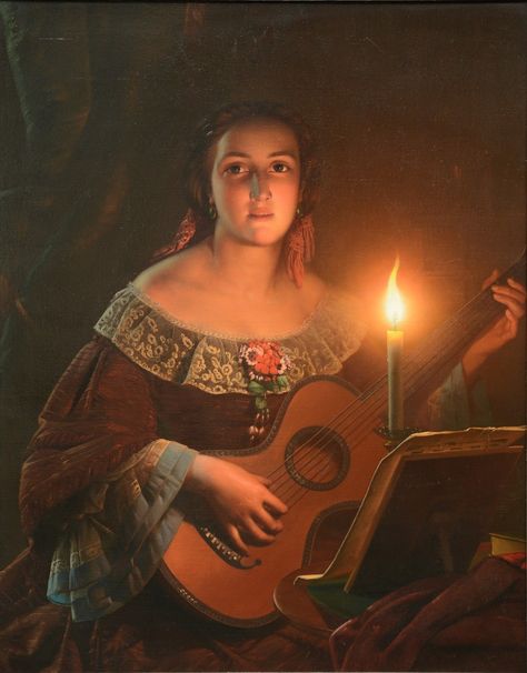 Petrus van Schendel.  A guitar playing girl in clair obscur Petrus Van Schendel, Classic Paintings, Foto Art, A4 Poster, Dutch Artists, Romantic Art, Caravaggio, Classical Art, Chiaroscuro