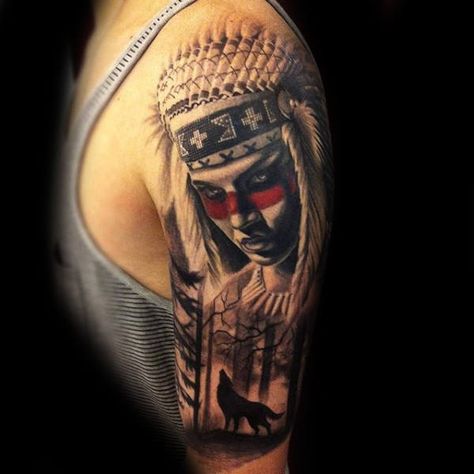 Native American Female With Wolf Tree Sleeve Mens Tattoo Ideas Native American Warrior Tattoos, Warrior Tattoo Ideas, Native American Wolf Tattoo, Tree Sleeve Tattoo, Tree Sleeve, Warrior Tattoo Sleeve, Indian Warrior, Native American Tattoo, American Indian Tattoos