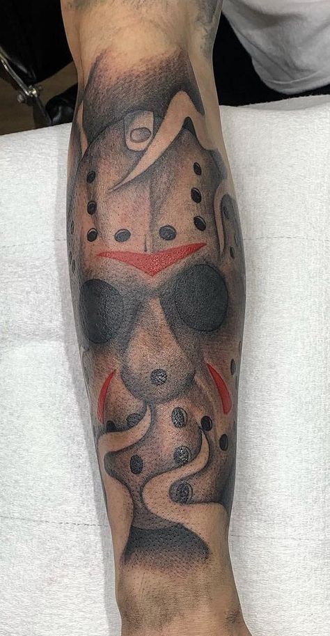 My Story Tattoo Ideas, Scream Forearm Tattoo, Jason Arm Tattoo, Ghostface Forearm Tattoo, $200 Tattoo Ideas For Men, Horror Themed Tattoos Sleeve, Green Tattoo Sleeve, Scream Mask Tattoo, Jason Mask Tattoo