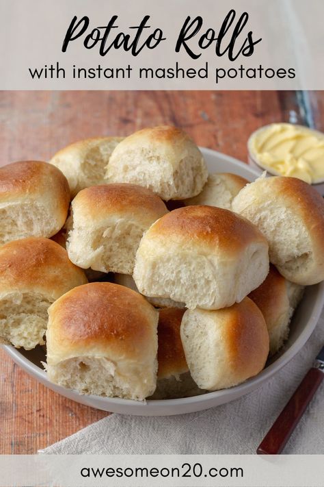 These Potato Rolls are made with instant mashed potatoes for a light and fluffy texture. Brushed with salted butter, they're absolutely delicious fresh out of the oven, but they also stay soft and pillowy for days. Can't stop won't stop. #potatorolls #dinnerrolls #breadrecipe Potato Candy Recipe, Potato Rolls Recipe, Flake Recipes, Potato Rolls, Instant Mashed Potatoes, Instant Potatoes, Jam Tarts, Potato Flakes, Potato Roll