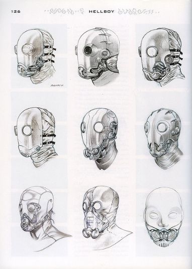 Karl Ruprecht Kroenen mask variations Kronen Hellboy, Dieselpunk Robot, Kroenen Hellboy, Fantasy Mask Design, Hellboy Kroenen, Types Of Masks, Masks Design, Helmet Concept, Mask Drawing