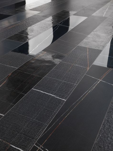 Sahara Noir | Traditions in Tile & Stone Black Marble Floor, Marble Floor Pattern, Marble Effect Tiles, Marble Flooring Design, Black Floor Tiles, Venue Design, Tiles Direct, Floor Pattern, Retail Park