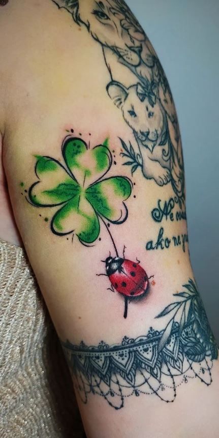 Flowers And Ladybug Tattoos, Ladybug With Flower Tattoo, Cute Ladybug Tattoo Ideas, Ladybug Tattoo Ideas, Tattoo Ideas Female Ladybug, Ladybug Tattoo, Ladybug Tattoo Big, Luck Tattoo, Small House Garden