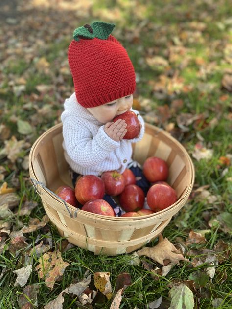 Apple Baby Photoshoot, Baby Apple Photoshoot, Months Photoshoot, Halfway To One, 7 Month Baby, Baby Apple, First Year Photos, Fall Apples, Pics To Recreate