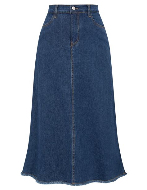 PRICES MAY VARY. High Quality Fabric - This long denim jean skirt made of lightweight fabric, breathable and not see through, not easy to deform, and keep elastic. Lightweight Jean Skirt - The calssic denim jean skirts feature with high waist design, elastic back waistline, flare aline skirt, frayed raw hem design, maxi long skirt, two side versatile pockets. Elastic High Waist Skirts - Blue jean skirt for women with your favorite t-shirts for a casual chic vibe. Pair with blouses and blazers fo Jean Skirt Maxi, Denim Skirts Long, Midsize Skirt, Cute Long Skirts, Jean Long Skirt, Long Jean Skirts, Demi Skirt, Winter Maxi Skirt, Jeans Maxi Skirt