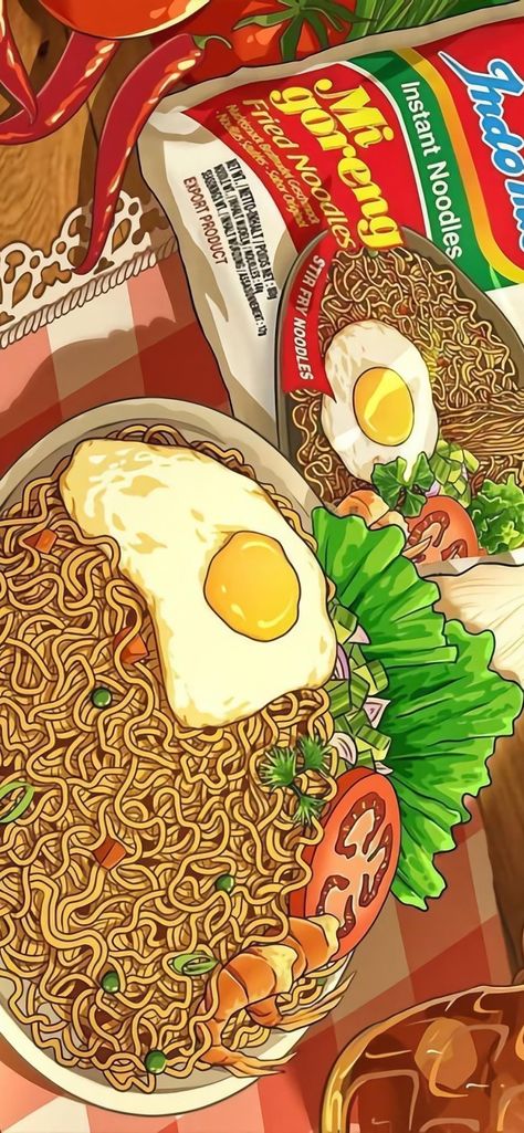 Animated Food Drawings, Aesthetic Food Cartoon, Food Cartoon Aesthetic, Food Lockscreen, Ramen Wallpaper Aesthetic, Food Wallpaper Desktop, Noodles Wallpaper, Peppy Wallpapers, Japanese Food Wallpaper