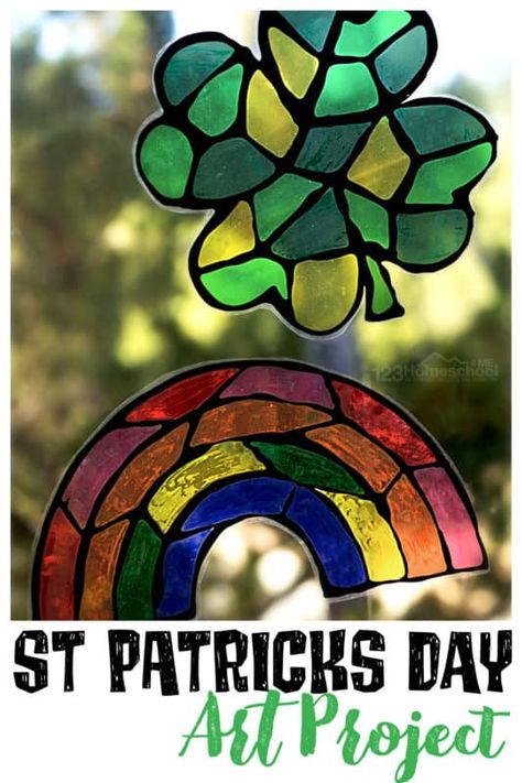 Looking for a really fun and easy-to-make shamrock craft? This cute St Patricks Day Art project uses a template to make this st Patrick's day preschool craft simple enough for toddler, pre-k, kindergarten, first grade, 2nd grade, and 3rd graders too. All you need is black glue and colorful sharpie markers to make a truly beautiful four leaf clover or rainbow suncatcher craft. Simply download pdf file with st patrick's day printable and you are ready to get crafty! Saint Patrick's Day Art For Kids, Clover Craft For Kids, St Patricks Day Craft Elementary, St Patricks Day Crafts For 2nd Grade, Rainbow St Patricks Day Craft, Art Projects For 1st And 2nd Graders, Shamrock Suncatcher Craft, St Patricks Day Art Projects For Kids, 5th Grade St Patricks Day Art