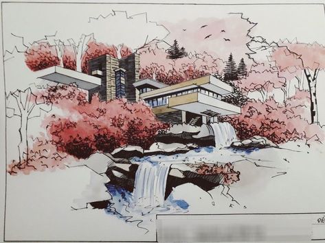 Frank Lloyd Wright Drawings, Landscape Design Drawings, Perspective Drawing Architecture, Architecture Drawing Plan, Concept Models Architecture, Interior Architecture Drawing, Watercolor Architecture, Architecture Design Sketch, Architecture Design Drawing