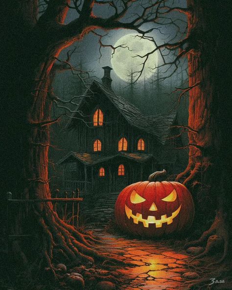 Cabin in the woods 🌲🌲🌲 . . . . . . #cabin #halloweenaesthetic #hocuspocus #halloween #spooky #pumpkins #trickortreat #october… | Instagram Haunted House Pictures, Halloween 1978, Halloween Facts, Instagram Autumn, Halloween Artwork, Halloween Scene, Autumn Scenes, Halloween Painting, Halloween Quotes