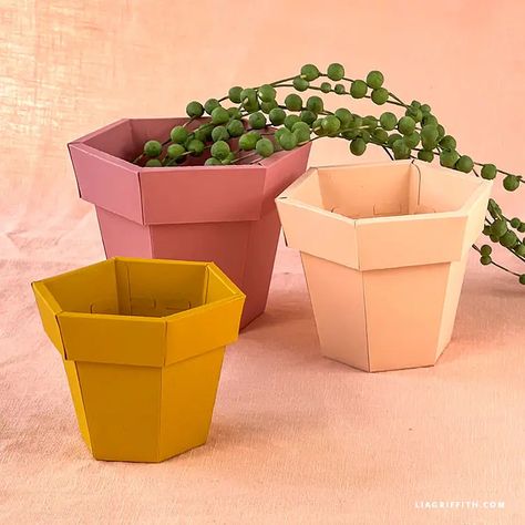 Paper Plant Pots DIY Template & Tutorial - Lia Griffith Diy Paper Plant Pot, Origami Pot Plants, Paper Flower Pot Diy, Paper Pot Diy, Paper Pots Craft, Plant Pots Diy, Origami Pot, Paper Plants Diy, Paper Plant Pots