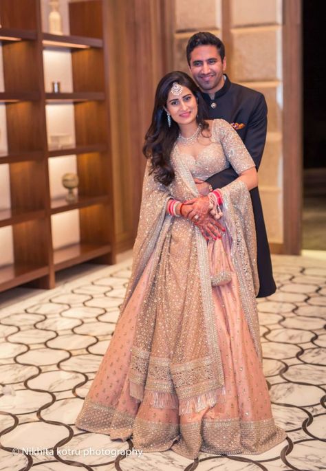 I Wanted Umang And I To Just Have Fun And Celebrate The Beginning Of Our Lives Together :))) | Weddingplz Peach Lehenga, Bride Reception Dresses, Indian Wedding Lehenga, Indian Wedding Gowns, Reception Outfit, Couple Wedding Dress, Wedding Lehenga Designs, Bridal Lehenga Collection, Designer Bridal Lehenga