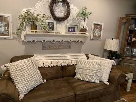 Repurpose Headboard, Shabby Chic Headboard, Headboard Shelf, Furniture Refurbishing, Antique Headboard, Repurposed Headboard, Antiques Repurposed, Headboard With Shelves, Above Couch