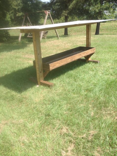 Goat Trough Feeder Diy, Goat Milk Stand Diy, Outhouse Ideas, Sheep Feeders, Goat Milking Stand, Goat Hay Feeder, Goat Ideas, Cattle Feeder, Deer Feed