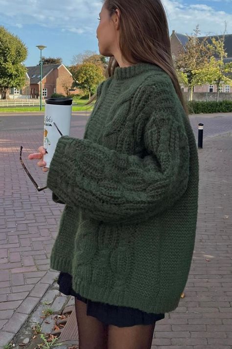 This is the long, trendy, and on budget knit sweater to have for a cozy and warm winter ✨ 🪐#Winteroutfits #Winterfashions2023 #knitsweater #inexpensive #Falloutfits Big Cozy Sweaters, Chunky Green Sweater, Forest Green Fall Outfit, Big Sweaters Aesthetic, Baggy Jumper Aesthetic, Cable Knit Sweater Dress Outfit, Green Winter Outfits For Women, Forest Green Aesthetic Outfit, Autumn Outfits Scandinavian