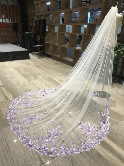 Lavender Lilac Wedding, Wedding Dress With Purple Flowers, Wedding Dresses With Purple Accents, Wedding Veil Flowers, Tangled Themed Wedding Dresses, Purple Accent Wedding, Lavender Silver Wedding, Wedding Dresses With Veils, Lavender Wedding Dresses