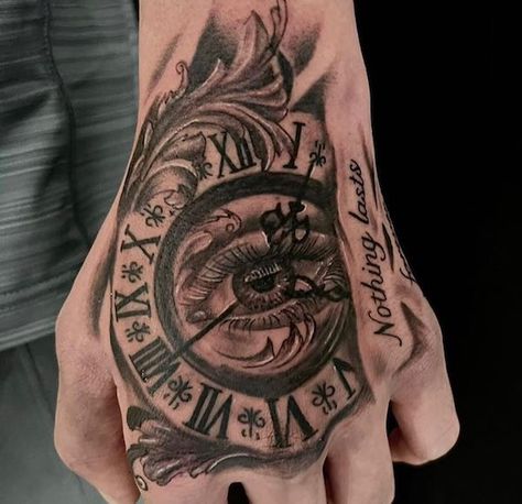 Eye in the center of clock Elephant Hand Tattoo Men, Nothing Forever Tattoo Hand, Clock Tattoo Design For Men Hand, Back Of The Hand Tattoo Men, Small Male Hand Tattoos, Right Hand Tattoo Men, Small Hand Tattoos For Guys Ideas, Compass Hand Tattoo Men, World In Your Hands Tattoo