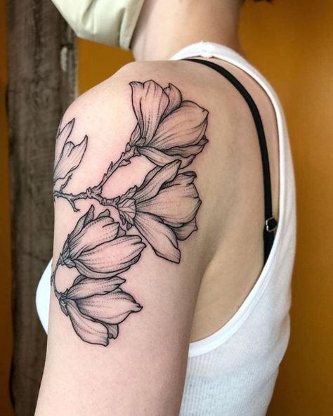 Pink Magnolia Tattoo, Magnolia Blossom Tattoo, Botanical Tattoo Men, Magnolia Tattoo Sleeve, Magnolia Branch Tattoo, Magnolia Tree Tattoo, Arm Shoulder Tattoo, Etching Tattoo, See Tattoo