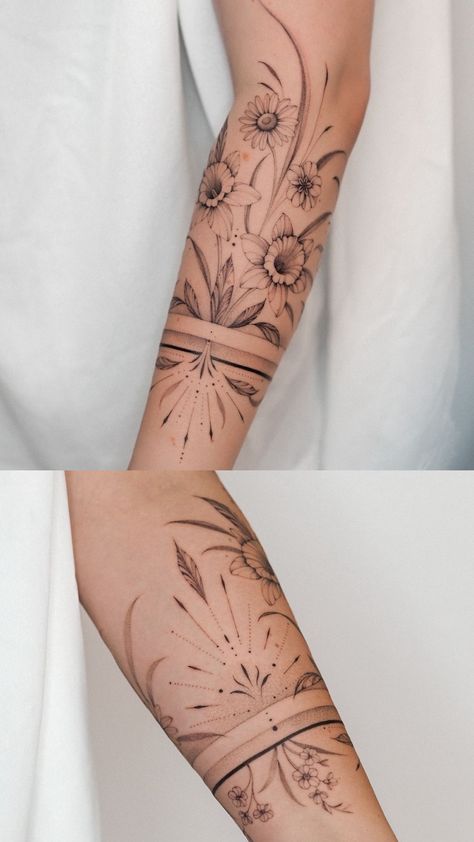 Ornamental Wrap Around Tattoo, Fine Line Floral Arm Wrap Tattoo, Full Forearm Tattoos For Women, Masculine Sleeve Tattoo, Geometric Line Tattoo Minimalist, Geometric Arm Band Tattoo Design, Forearm Band Tattoo For Women, Floral Half Sleeve Tattoo Forearm, Bird Forearm Tattoo