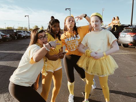 Yellow Pep Rally Outfit, Yellow Team Spirit Outfits, Gold Out Football Game, Yellow Spirit Day Outfits School, Game Day Team Spirit T-shirt, Game Day Crew T-shirt With Team Spirit, Yellow Spirit Day, Team Spirit T-shirt For Game Day In Fall, Football Season Outfits