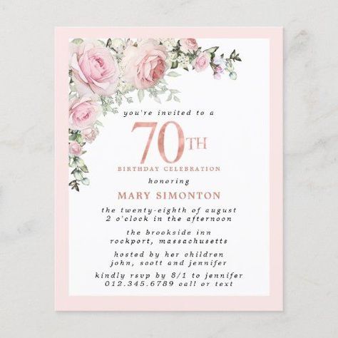 Budget Pink Floral 70th Birthday Invitation Only $1.38 | blush pink rose, floral flower, white hydrangea, sage green botanical greenery foliage, pretty, elegant, traditional classic summer watercolor, feminine, modern, budget 70th birthday party invitation 90th Birthday Invitations, Surprise Party Invitations, 60th Birthday Party Invitations, 30th Birthday Party Invitations, 40th Birthday Party Invites, 70th Birthday Invitations, Rose Floral Arrangements, 100th Birthday Party, 80th Birthday Invitations