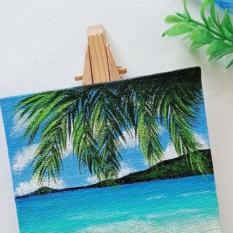 Kanchan | Art 🌸 on Instagram: "Beach aesthetic! 🏖️🌴 . Acrylics on 4×4 inches mini canvas. Perfect gift for a beach lover! 💙 DM to buy 😍 . . . . #beach #sea #tropicalisland #aesthetics #artist #acrylicpainting #acryliconcanvas #minicanvas #artoftheday" Aesthetic Acrylics, Sea Beach Painting, Instagram Beach, Beach Lover, Beach Painting, Mini Canvas, Sea Beach, Beach Lovers, Tropical Islands