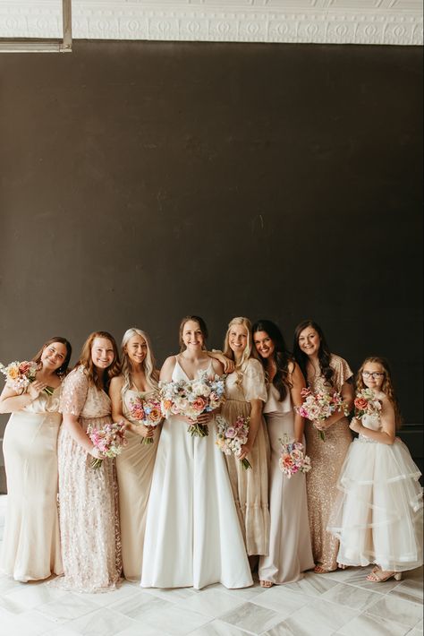 Gold Mix And Match Bridesmaid Dresses, Champagne Mix And Match Bridesmaid Dresses, Flowers With Champagne Dress, Mismatched Champagne Bridesmaid, Champagne Bridesmaid Dresses With Colorful Flowers, Champagne And Pastel Wedding, Simple Wedding Color Schemes, Champagne Bridesmaids Dress, Champagne Gold Bridesmaid Dresses