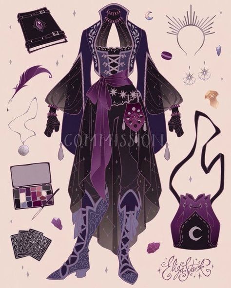 Galaxy Fantasy Outfit, Witch Outfits Anime, Witch Aesthetic Outfit Drawing, Fantasy Witch Outfit Design, Magician Outfit Drawing, Anime Witch Outfit Design, Galaxy Clothes Drawing, Witch Outfit Ideas Drawing, Fantasy Witch Outfit Drawing