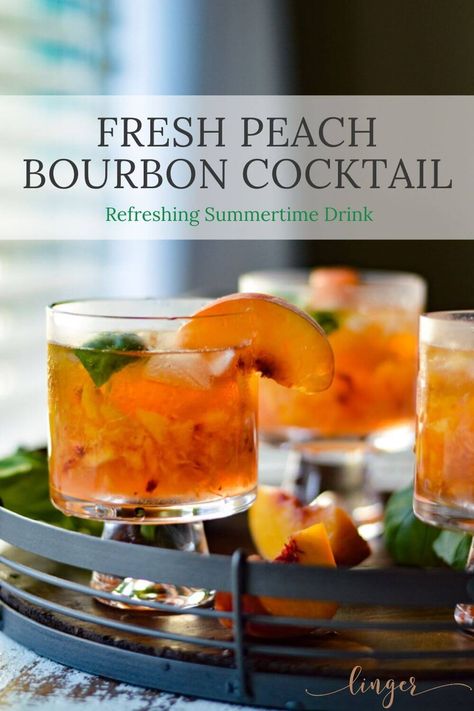 An easy bourbon cocktail that is perfect for happy hour or enjoying drinks with friends. Fresh peaches and basil make this the best exhilarating drink recipe around. Basil Alcoholic Drinks, Alcoholic Drinks Not Sweet, Smoked Drink Recipes, Peach Bourbon Cocktail, Summer Bourbon Cocktails, Bourbon Drinks Recipes, Bourbon Drink, Apple Delight, Cider Recipes