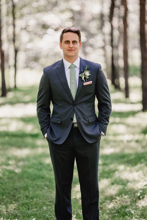 Black Suit With Eucalyptus Tie, Grey And Green Tux Wedding, Dark Grey Suit Green Tie Wedding, Grey Tux Green Tie, Grey Groomsmen Suits With Green Bridesmaids, Groomsmen Grey Suit Green Tie, Slim Fit Groom Suit, Groomsmen Colours, Groomsmen Fashion