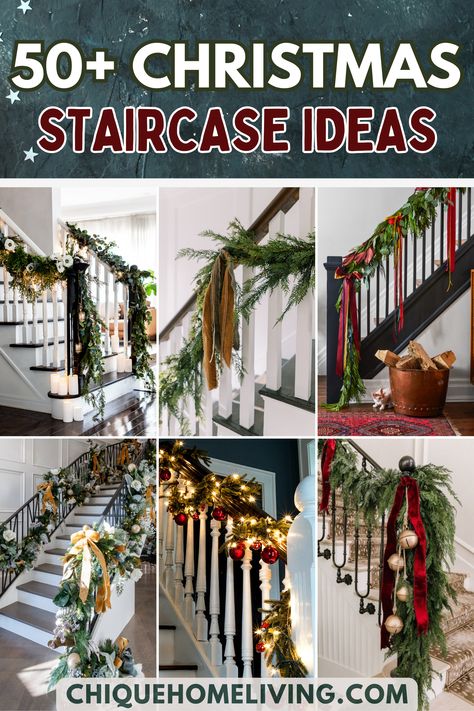 Diy Christmas Banister Decorations, Stair Swag Christmas, Xmas Decorations For Stairs, Stair Rails Christmas Decor, Christmas Stair Garlands Diy, Stair Christmas Decorating Ideas, Staircase Swag Christmas, Christmas Garland For Staircase, Glass Stairs Christmas Decor