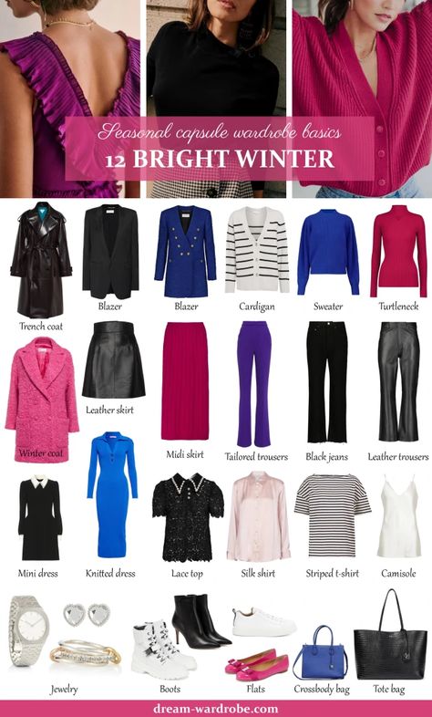 Bright Winter Color Palette and Wardrobe Guide | Dream Wardrobe Bright Winter Color Palette, Clear Winter Palette, Deep Winter Palette Outfits, Color Analysis Winter, Bright Winter Outfits, True Winter Color Palette, Cool Winter Color Palette, Deep Winter Palette, Winter Bright