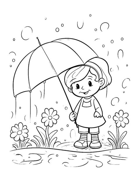 Picture For Coloring For Kids, Monsoon Drawings For Kids, Rain Drawing For Kids, Spring Pictures For Kids, Rainy Day Drawing Easy, Rainy Day Drawing For Kids, Drawings For Kids To Color, Raining Drawing, Drawing For Kindergarten