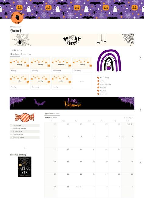 halloween notion template aesthetic Notion Halloween, Fall Notion, Notion Pages, To Do Calendar, Plan My Life, Aesthetic Notion Template, Halloween Planner, Notion Icons, Notion Aesthetic