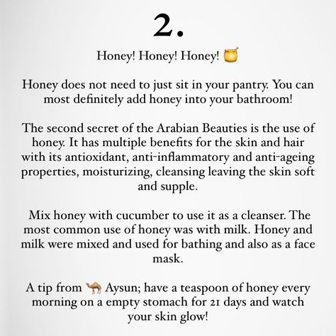 Natural Skincare | 🐪 Ay Sun on Instagram: “Ancient Arabian Beauty Tip #2 Honey! Honey! Honey! 🍯 The second secret of the Arabian Beauties is the use of honey. It has multiple…” Arabian Beauty Tips, Arabian Skincare, Arabian Beauty Secrets, Honey Aesthetic, Honey Skincare, Honey Beauty, Glowy Skin, Beauty Ideas, Natural Skincare