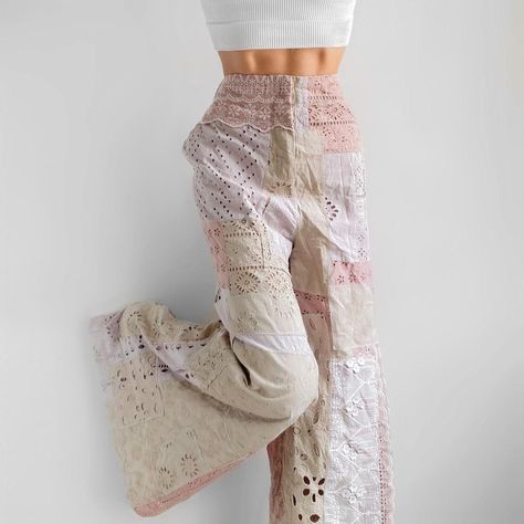 Free People - Eyelet Lace Patchwork Wide Leg Pants... - Depop Making Pants, Knit Shrug, Elegant Lady, Earth Angel, Lace Patchwork, White Sage, Silk Slip, Eyelet Lace, Pants Pattern