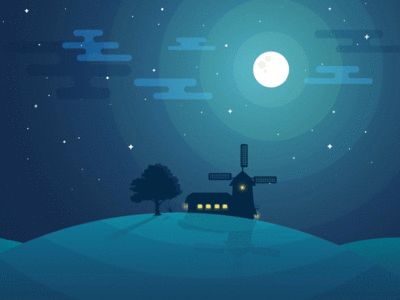 Night Hill Animated Animated Landscape Gif, Animated Scenery, Goodnight Gifs, Land Illustration, Gif Illustration, Wind Mill, Mid Night, Arte Gif, Motion Graphics Gif