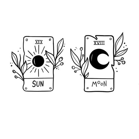 Sun And Moon Cards Tattoo, Bff Stamp Tattoos, La Luna Tattoo Tarot Cards, Sister Tarot Card Tattoo, Tarot Card Tattoo Matching, Tarot Card Best Friend Tattoos, Sun Moon And Star Tarot Card Tattoo, Flash Sun Tattoo, Sun And Moon Tarot Card Tattoo Simple