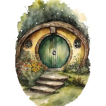 "Round Doors in Watercolor and Ink - Black - Watercolor Art - Fantasy" Sticker for Sale by Fenay Designs | Redbubble The Hobbit Painting, Fantasy Doorway, Hobbit Painting, Magical Portal, Bag End, Hobbit Door, Hobbit Art, House Clipart, Hobbit Hole