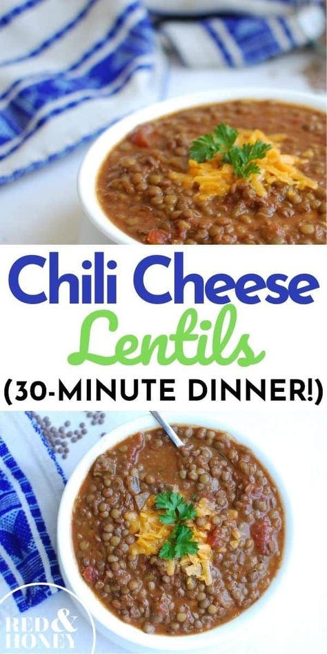 This Chili Cheese Lentils recipe is amazing!! It's like a frugal, meatless version of chili. Hubs asked me to make it again ASAP, which is the ultimate seal of approval when it comes to meatless dishes! It’s frugal and budget friendly (cheap!), healthy chili and fast to make! Includes vegetarian options! #lentils #chili Lentils Chili, Lentil Chili Recipe, Cheesy Chili, Lentils Recipe, Meatless Dishes, Healthy Chili, Vegetarian Casserole, Lentil Chili, Easy Weekday Meals