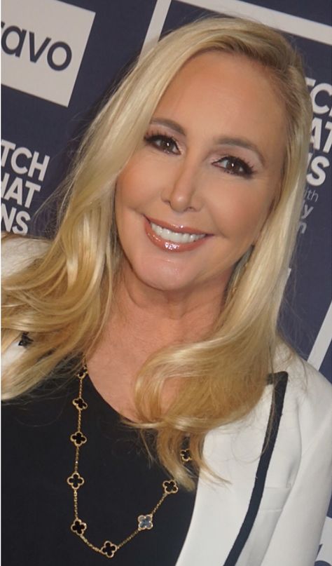 Shannon Beador's Makeup On Watch What Happens Live | Big Blonde Hair Guerlain Bronzer, Fake Bob, Shannon Beador, Anastasia Beverly Hills Eyeshadow, Veronica Beard Blazer, Born This Way Concealer, Sparkle Lips, Real Housewives Of Orange County, Big Blonde Hair