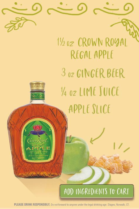 Crown Royal Regal Apple makes this Moscow Mule feel like a trip to the apple orchard (without driving all the way to the country). DIRECTIONS: combine 1 1⁄2 oz Crown Royal Regal Apple and 3 oz ginger beer in a mug or highball filled with ice. Add 1⁄4 oz lime juice and stir. Garnish with an apple slice. Apple Moscow Mule Recipe, 40 Crown, Ginger Beer Mule, Autumn Crown, Apple Autumn, Crown Royal Drinks, Crown Apple, Limoncello Recipe, Apple Slice