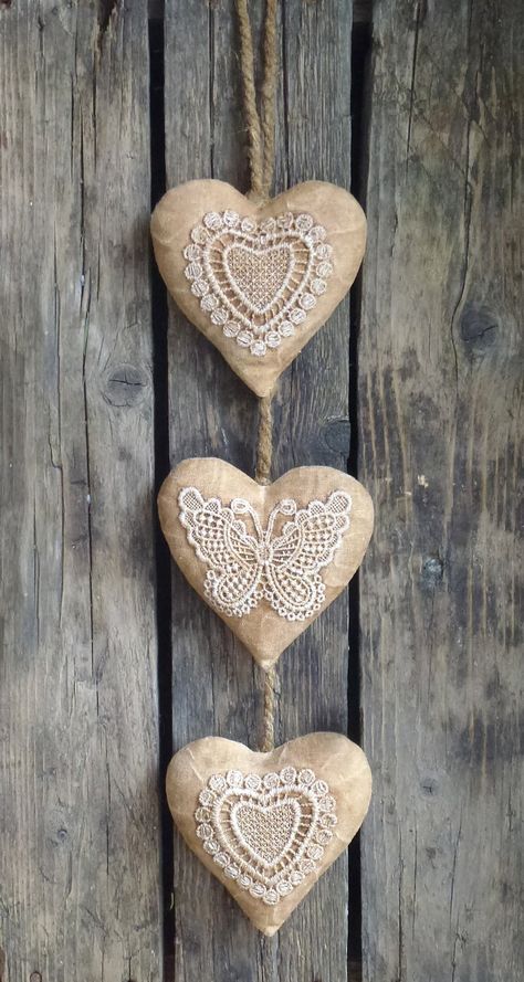 Primitive Hearts With Lace Decor Shabby Chic Heart Cotton | Etsy Painted Wooden Hearts Ideas, Primitive Wall Decor, Heart Sachet, Shabby Chic Hearts, Primitive Walls, Fabric Hearts, Lace Decor, Valentines Day Hearts, Heart Decorations