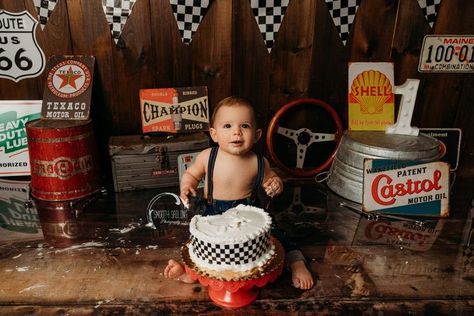 Car garage / Mechanic themed cake smash session - vintage car cake smash - South Shore MA Photographer - Smooth Sailing Photography First Birthday Mechanic Theme, Mechanic 1st Birthday, Mechanic First Birthday, Vintage Car First Birthday Boy, Race Car Smash Cake, Car Cake Smash, Vintage Car Cake, Themed Cake Smash, Cars Theme Cake