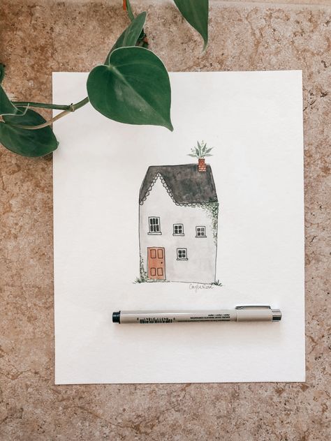 Micron Pen Watercolor Art, Postcard Watercolor Ideas, Watercolor House Painting Tutorial, Watercolor House Painting Simple, Watercolor Postcards Ideas, Watercolor Homes, Mini Watercolor Paintings, House Watercolor Painting, Watercolor Houses