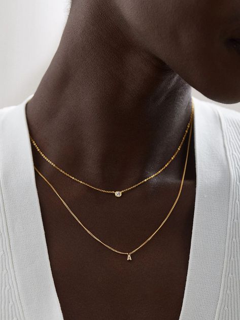 18K Gold Mini Initial Necklace - Gold/Pavé | BaubleBar (US) Side Initial Necklace, Necklace Stack Dainty, Gold Elegant Jewelry, Everyday Necklace Stack, Dainty Necklace Stack, Necklace Stacking Gold, Layered Necklaces Gold, Stacking Necklaces, Silver Meaning