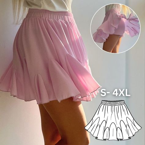 This sewing pattern offers a stylish and practical skirt with built-in shorts, perfect for any occasion. The design is airy and beautiful, providing both comfort and elegance. The pattern has clear instructions and video guides to help you every step of the way. Available in seven sizes, with seam allowances included, ensuring a perfect fit for everyone. Skater Skirt Sewing Pattern, Skirt With Shorts Pattern, Short Dress Pattern Free Sewing, Elegant Sewing Patterns, Cute Dress Pattern, Free Simple Sewing Patterns, Free Sewing Patterns Skirt, Short Pattern Free, Sewing Shorts Pattern