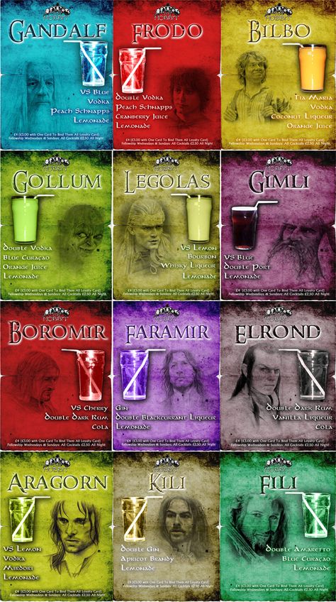 Hobbit/LOTR Cocktails Alcohol Shots, Harry Potter Drinks, Themed Nights, Hobbit Food, Disney Cocktails, Hobbit Party, Cocktail Shots, Mixed Drinks Alcohol, Drink Mixes