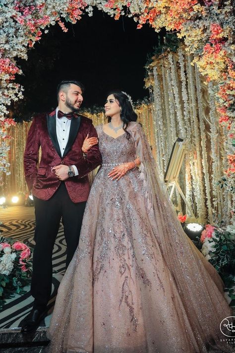 Wedding Lehengas Bridal And Groom, Bride Gown Dress, For Engagement Dress Indian, Bride Gowns Indian, Gowns Dresses For Reception, Indian Gown For Engagement, Wedding Gowns For Reception, Walima Couple Matching Dress, Engagement Bride Dress Indian